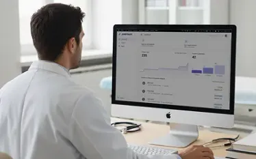 Medico che usa justmum dal browser su computer